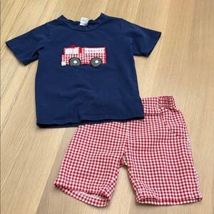 Navy Fire Truck Shirt and Red Gingham Shorts Set Size 3-4T
